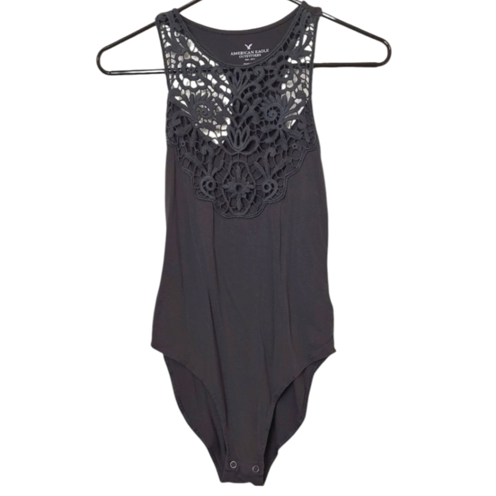 American Eagle Outfitters Gray Sleeveless Tatted Floral Lace Bodysuit Size XS